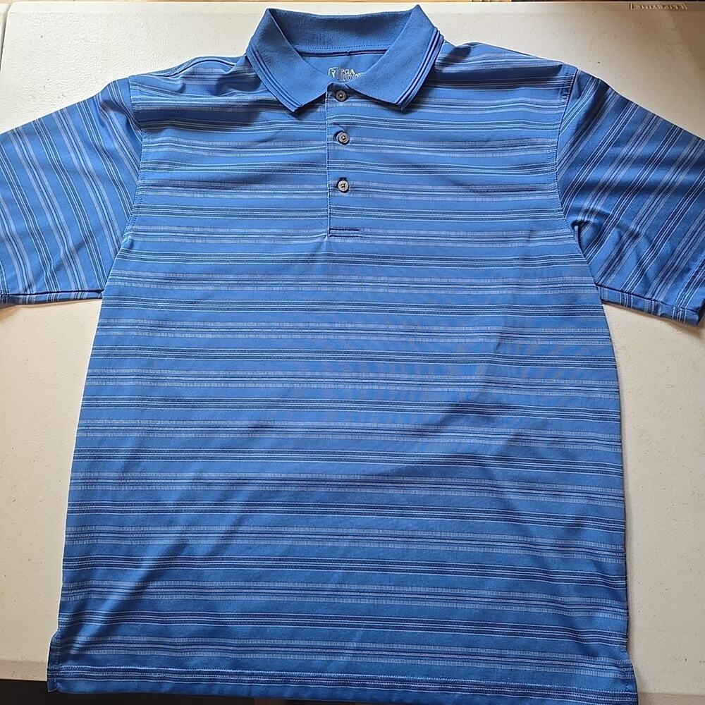 PGA Tour Polo Mens L Blue White Striped‎ Golf Shirt Short Sleeve Light Stretch